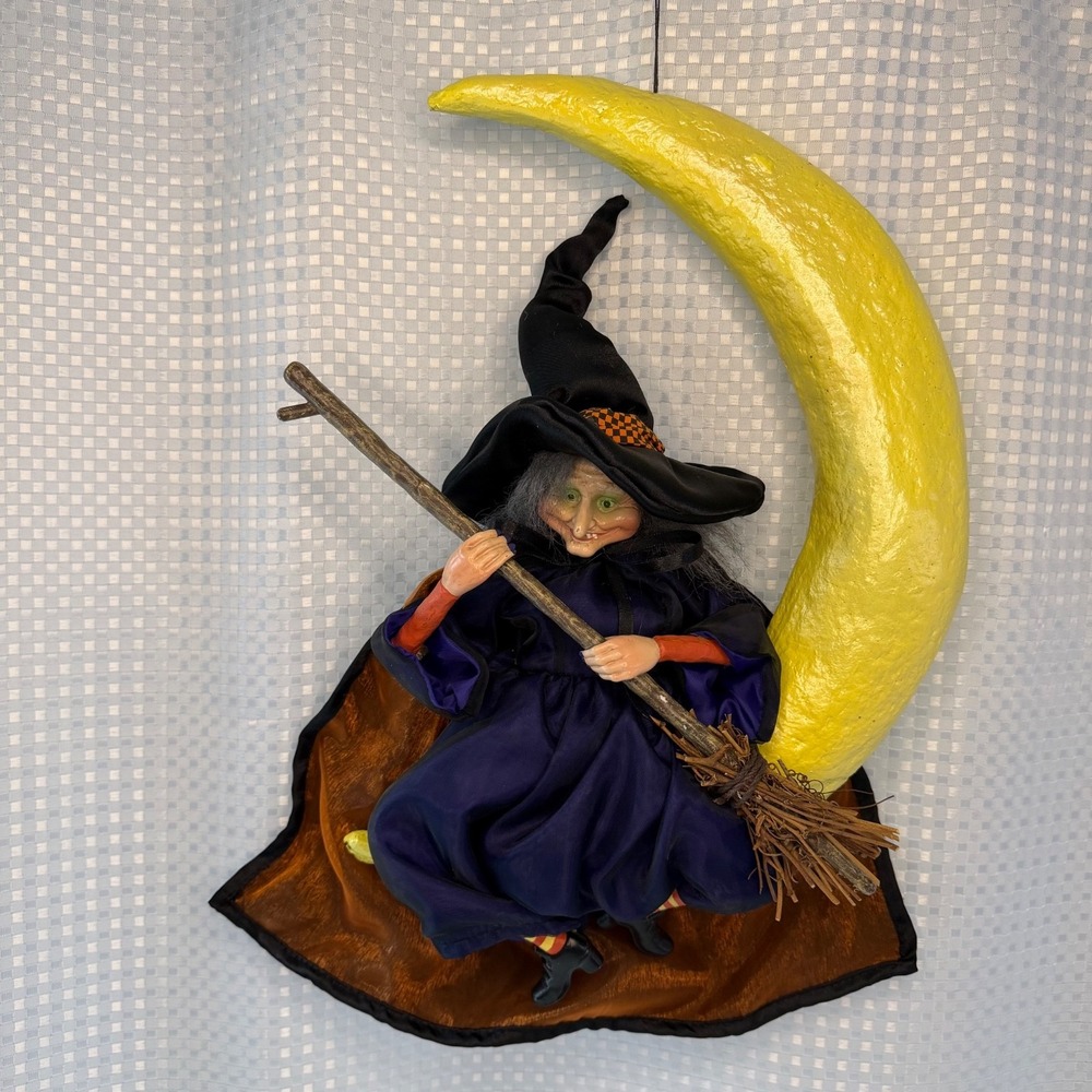 VTG Halloween Laughing Witch Sitting on Crescent Moon Green Eye Hanging Decor